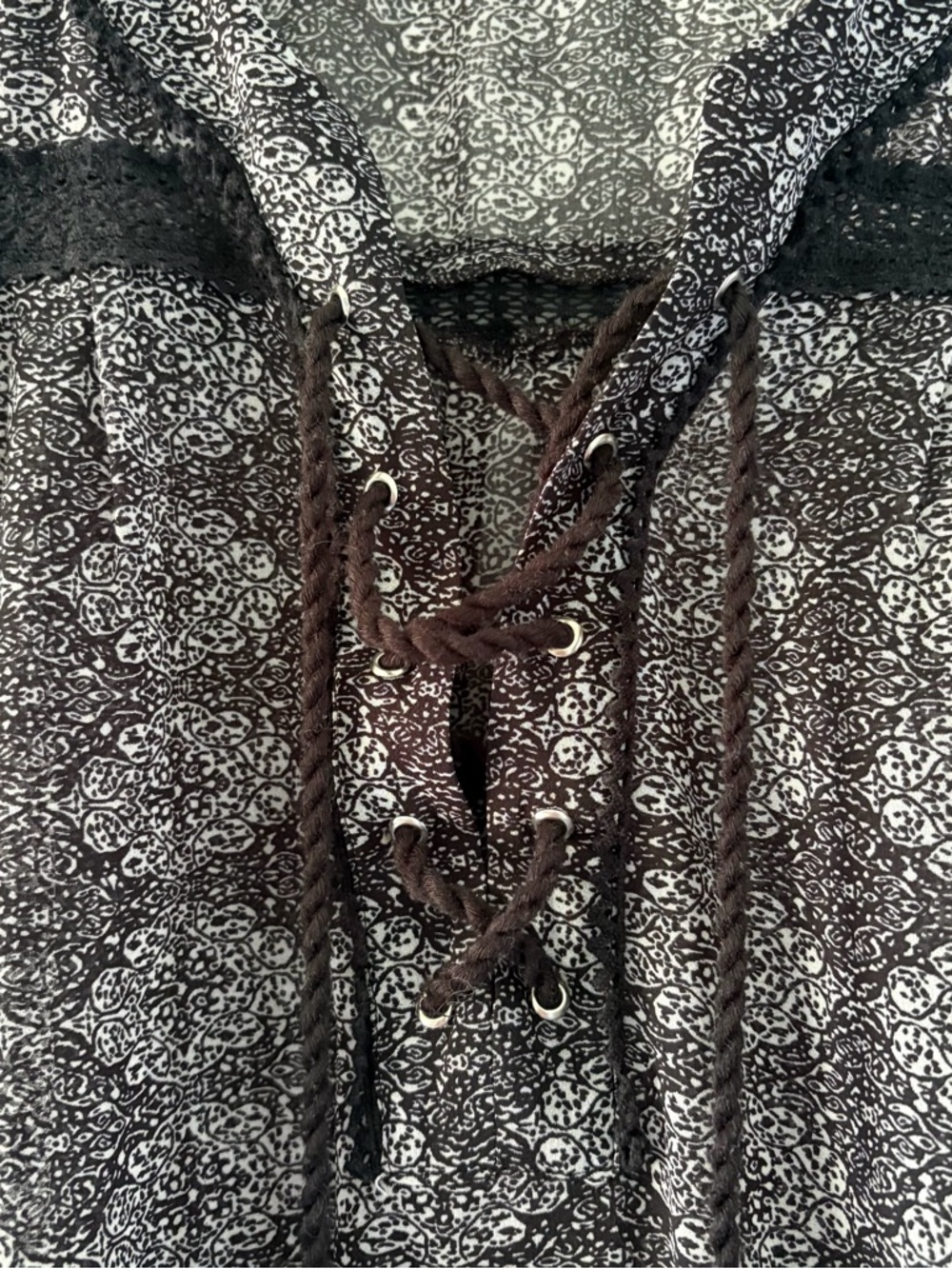 The Kooples Size Large Black & Gray Lace-Up Patterned Sheer Blouse Boho Flowy - Picture 8 of 14